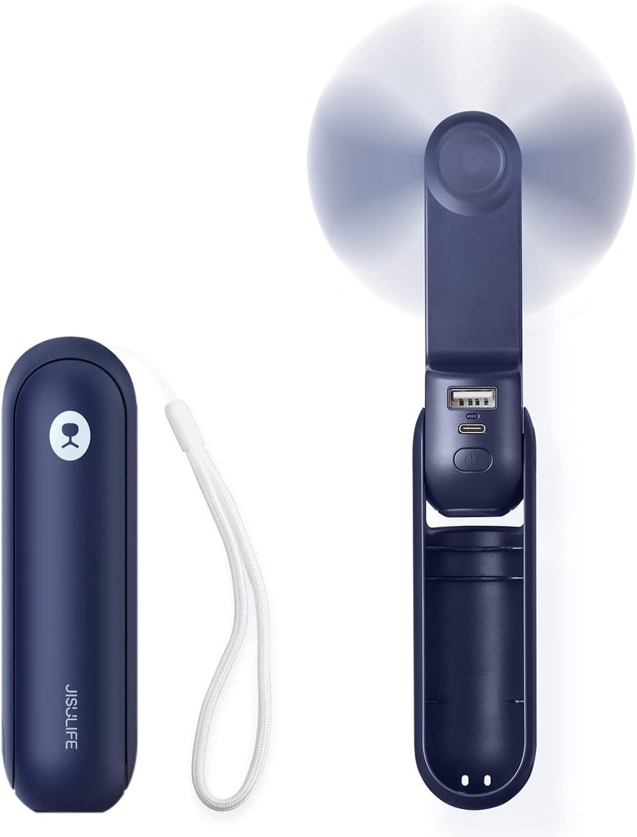 Handventilator - Blauw - Mini - Oplaadbare Draagbare Ventilator met Powerbank en Zaklamp - Voor Persoonlijk Gebruik