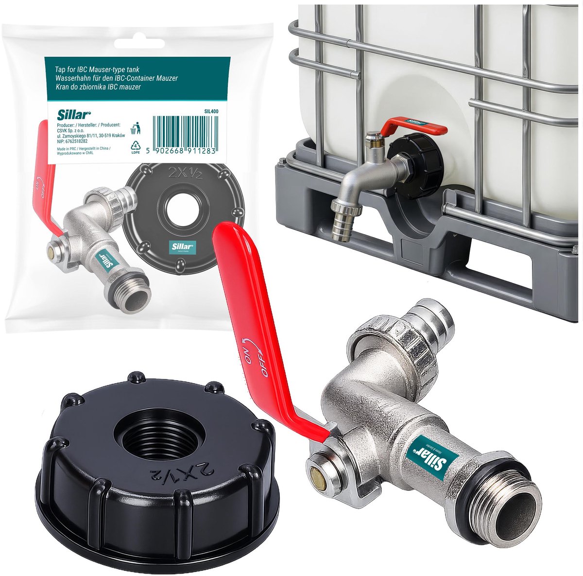Sillar Waterkraan voor IBC-tank, Mauzer - IBC adapter S60x6 - Kogelkraan 1/2" - met ergonomische hendel, O-ringafdichting