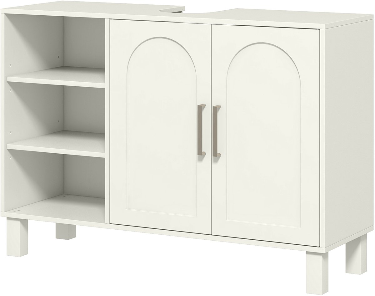 Wastafelmeubel, badkamermeubel met kast met twee niveaus en verstelbare planken, 90 L x 30 D x 63 H cm, crème