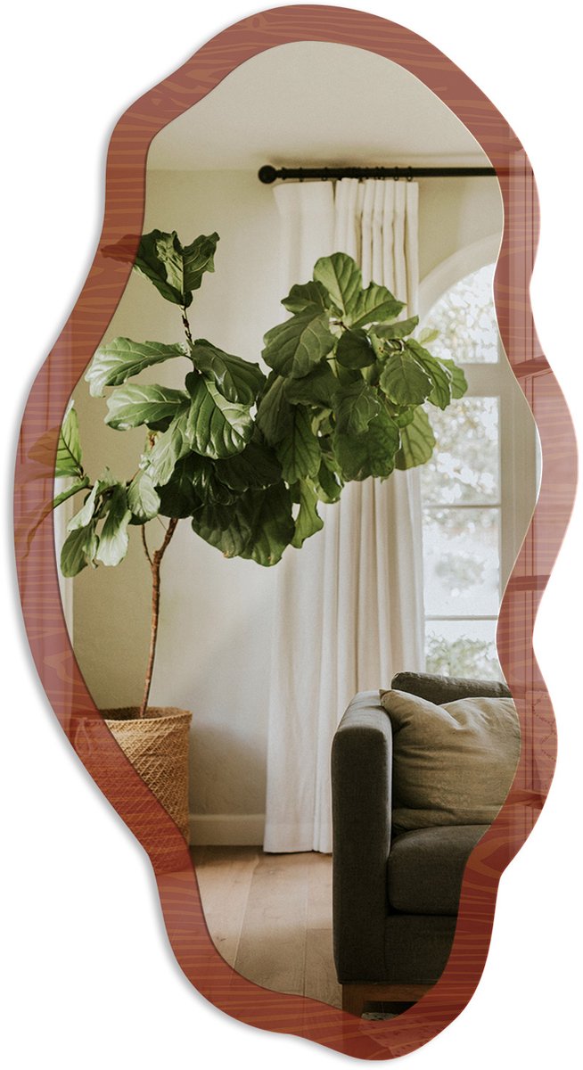 TULUP Houten Motief Spiegel - Bruin Moderne Rechthoekige Wandspiegel - Organische Spiegel - Woonkamer - Rustiek - 45x90 cm - Totale afmeting 52x97 cm Houten Motief, Bruin