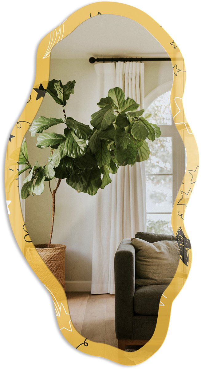 TULUP Stermotief Spiegel - Geel Rechthoekige Spiegel Voor Interieur - Organische Spiegel - Slaapkamer, Woonkamer - Illustratief - 45x90 cm - Totale afmeting 52x97 cm Sterrenthema, Geel