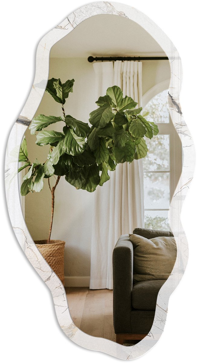 TULUP Marmeren Elegantie Spiegel - Wit Rechthoekige Spiegel Met Modern Design - Organische Spiegel - Woonkamer, Kantoor, Slaapkamer - Klassiek - 45x90 cm - Totale afmeting 52x97 cm Marmeren Elegantie 2, Wit