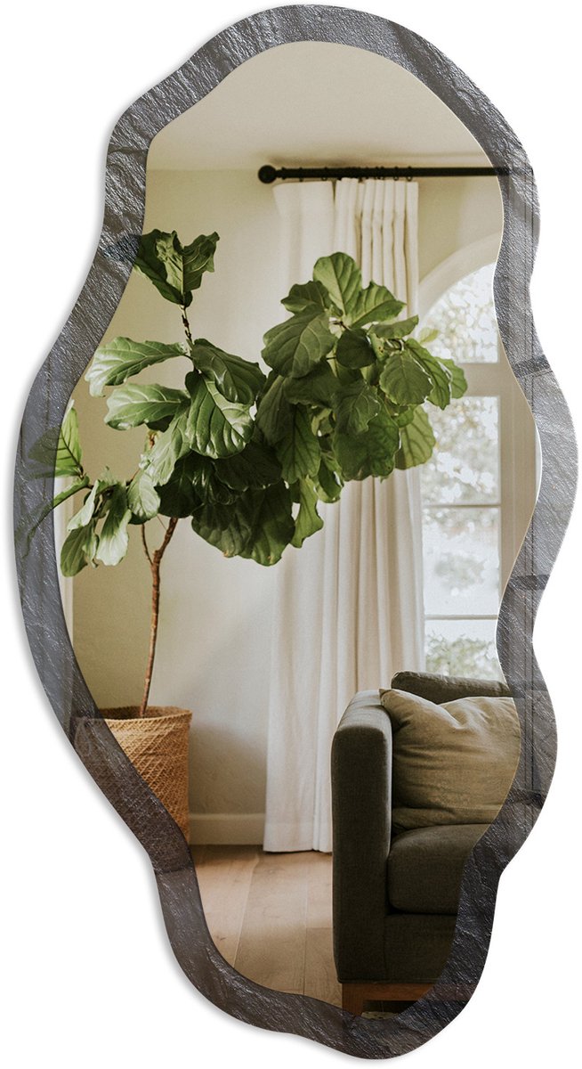 TULUP Zwarte Textuur Spiegel - Zwart Rechthoekige Spiegel Voor Interieur - Organische Spiegel - Badkamer, Kantoor, Woonkamer - Minimalistisch - 45x90 cm - Totale afmeting 52x97 cm Zwarte Textuur, Zwart