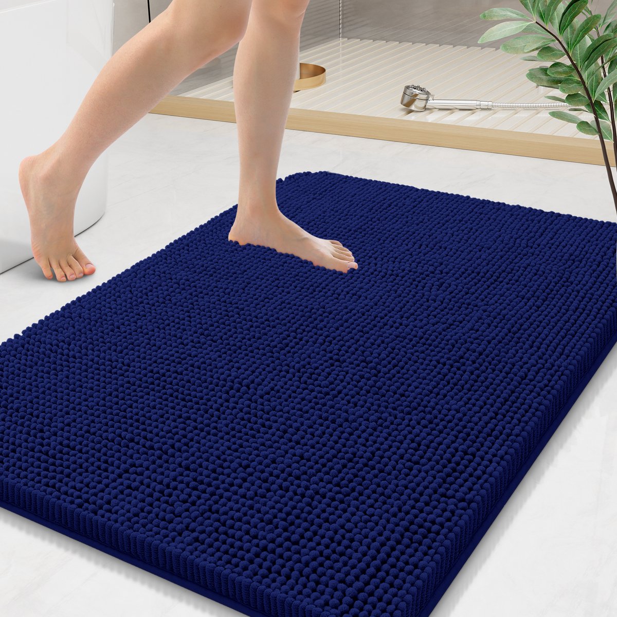 Olanly Badmat Antislip – Chenille Douchemat – Badmat Badkamer – Zuigend Pluche – Marineblauw – 61X91cm
