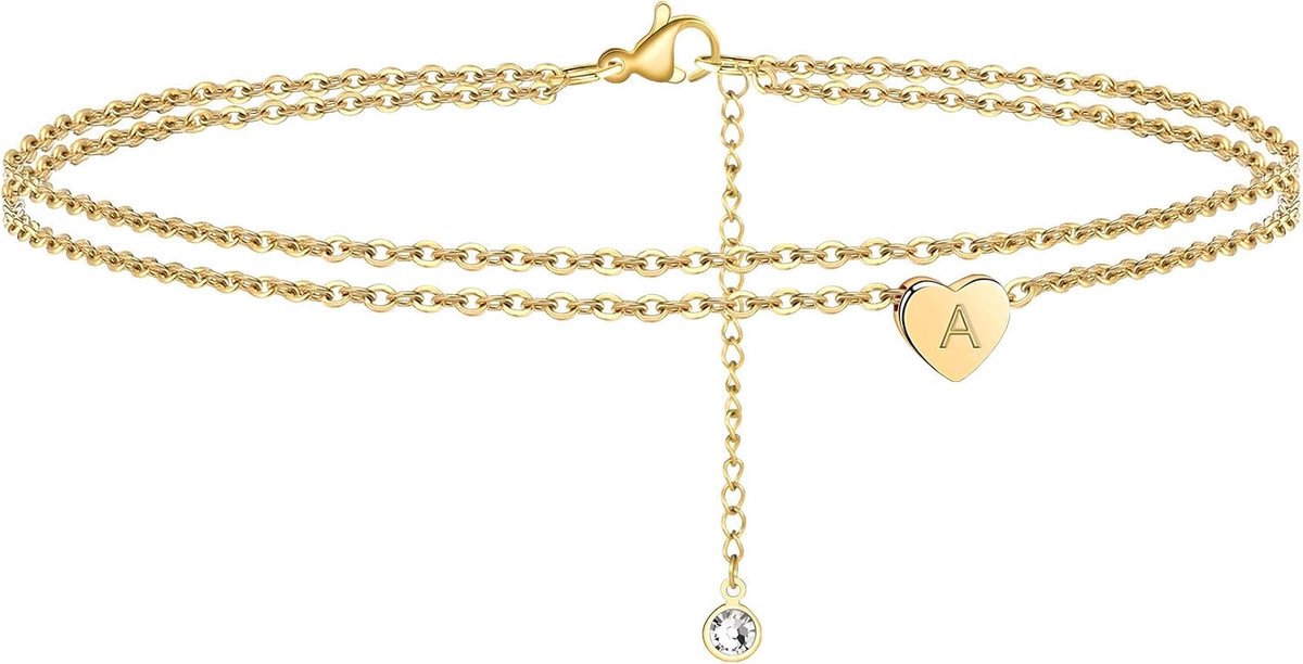 Enkelbandje goud 14K - meerlaagse handgemaakte ketting - hartletter ontwerp - perfect voor zomerlook - ShopVlot