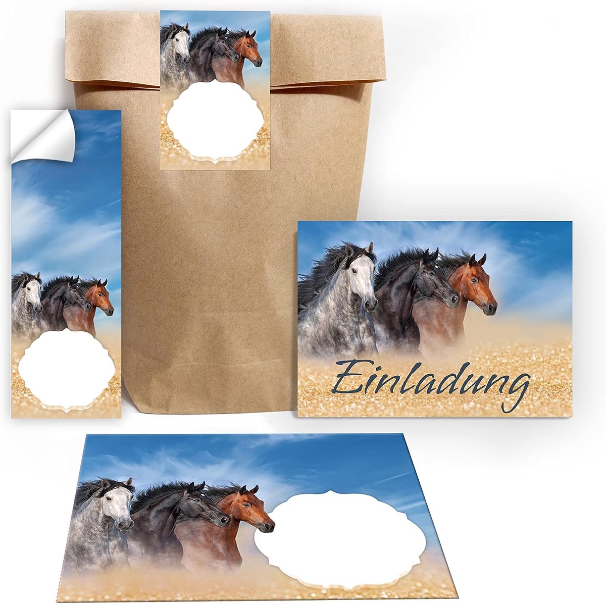 Uitnodigingskaarten kinderfeestje - 12 stuks met eenhoorn en paarden - Inclusief enveloppen en stickers - ShopVlot
