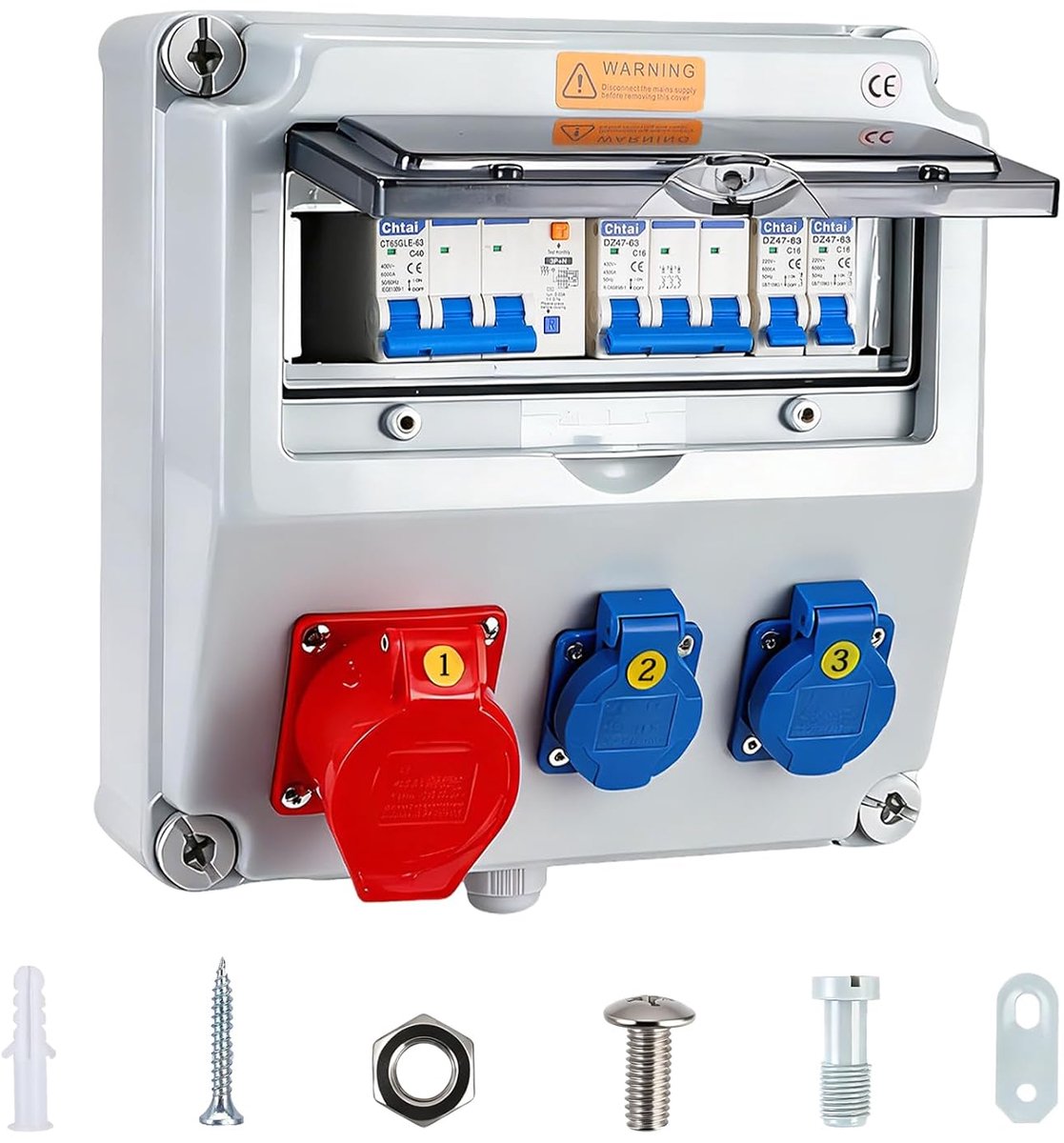 Bouwstroomverdeler 230 V 16 A - Wandverdeler met FI-schakelaar - 4 x Schuko- en CEE-aansluiting - ShopVlot