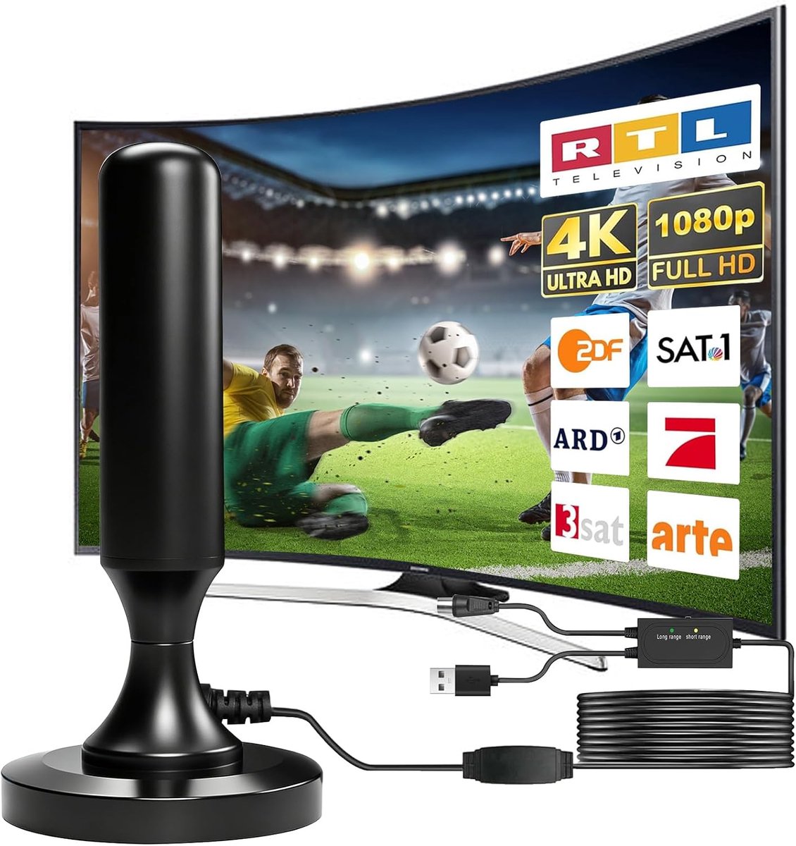 DVB-T2 antenne met versterker - magnetische basis - voor binnen en buiten - 4K HD ontvangst - ShopVlot