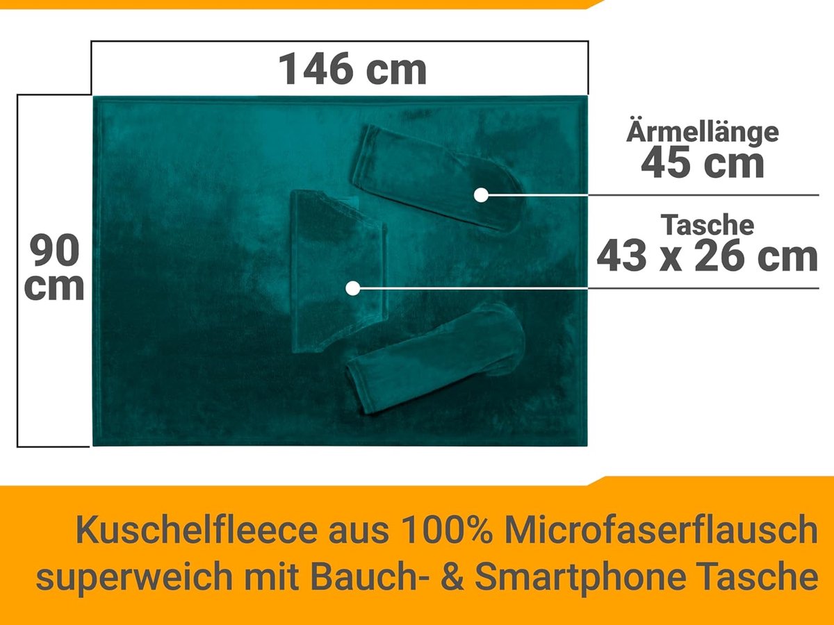 deken met mouwen 90x150cm - petrol microfleece - met smartphonezak - ideaal voor tv-kijken - ShopVlot