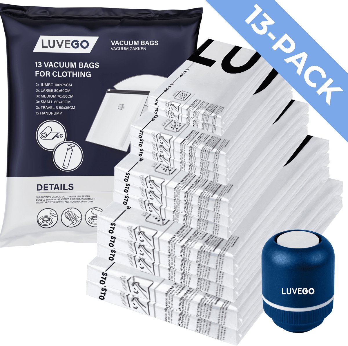 Luvego Vacuumzakken Kleding & Dekbedden - 14 Stuks / 5 Maten - Reiszakken Vacuum Opbergzakken Incl. Elektrische Pomp