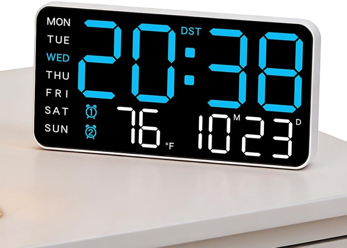 Digitale led-wandklok met alarm - 21,5 x 2,7 x 11 cm - temperatuur, datum, week - spraakbesturing - ShopVlot