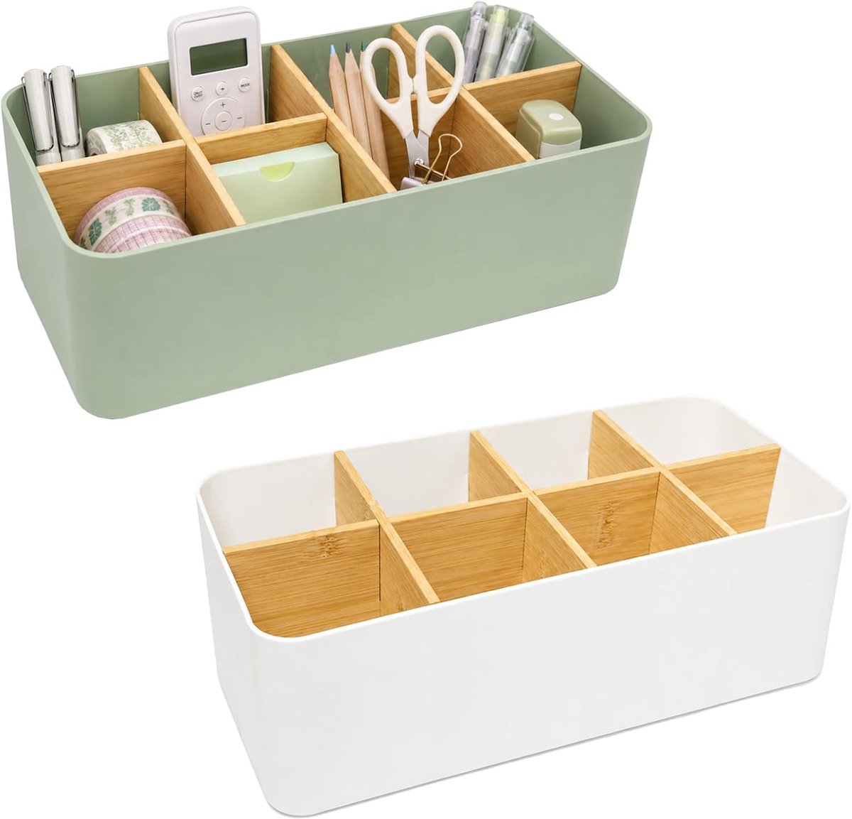 2 stuks bureau-organizer van bamboe met 8 vakken, organizer voor pennen, make-up, 26,6 × 12,8 × 7,9 cm - ShopVlot