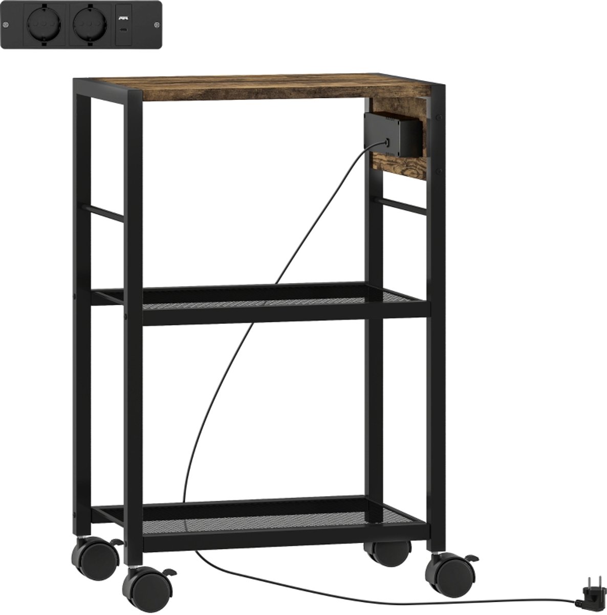 Rustiek Bruin Printerstandaard 42 x 28 x 64,5 cm met Wielen, 2 Stopcontacten, 2 USB- en 1 USB-C-aansluiting, Printerrek met 3 Niveaus, Verrijdbare Printerkast voor Kantoor en Thuiswerkplek