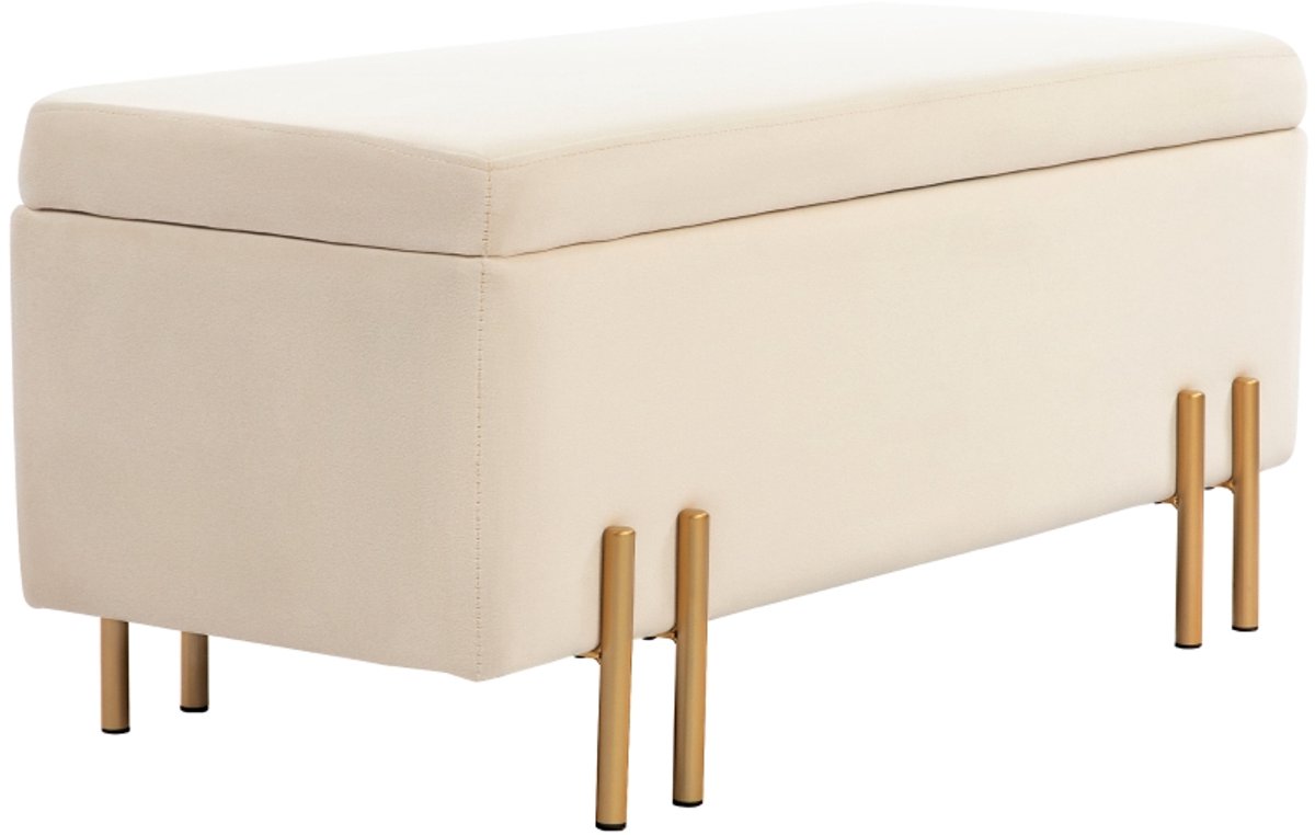 100 x 40 x 42 cm Beige Zitbank met Opbergruimte, Gestoffeerde Opbergbank, Zitkist met Opklapbare Zitting, Fluwelen Bank, Bedbank, Halbank, Voetenbank, Zitbank met Goudkleurige Metalen Poten, 70 L Opbergruimte voor Slaapkamer, Woonkamer en Hal