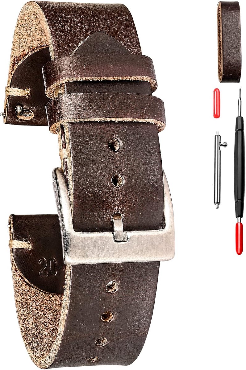 Leather Watch Bands for Men, Horween Leather Watch Strap with Quick Release Vintage Watch Replacement Wrap of 18mm - ShopVlot