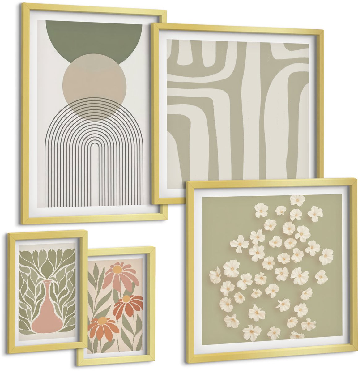 TULUP 5-Delige Schilderij Set - Stijlvolle afbeeldingen in pasteltinten met plantmotieven. - 50 x 50 cm, 20 x 30 cm en 40 x 60 cm - Muurdecoratie - Interieur Decoratie - Decoratieve Schilderijen Gouden lijst