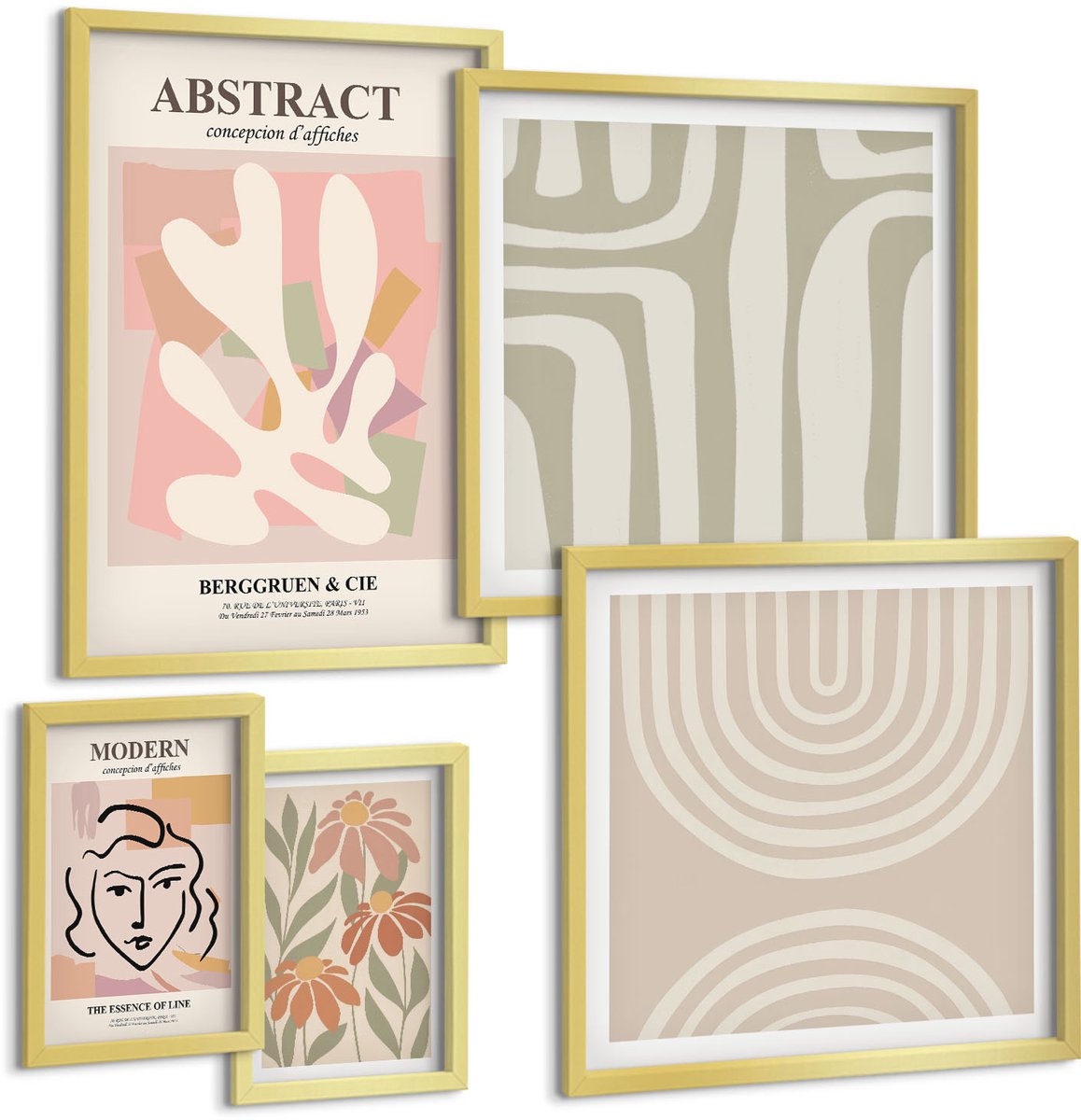 TULUP 5-Delige Schilderij Set - Stijlvolle abstracte composities met plantmotieven - 50 x 50 cm, 20 x 30 cm en 40 x 60 cm - Muurdecoratie - Decoratieve Schilderijen - Wohnzimmer Gouden lijst