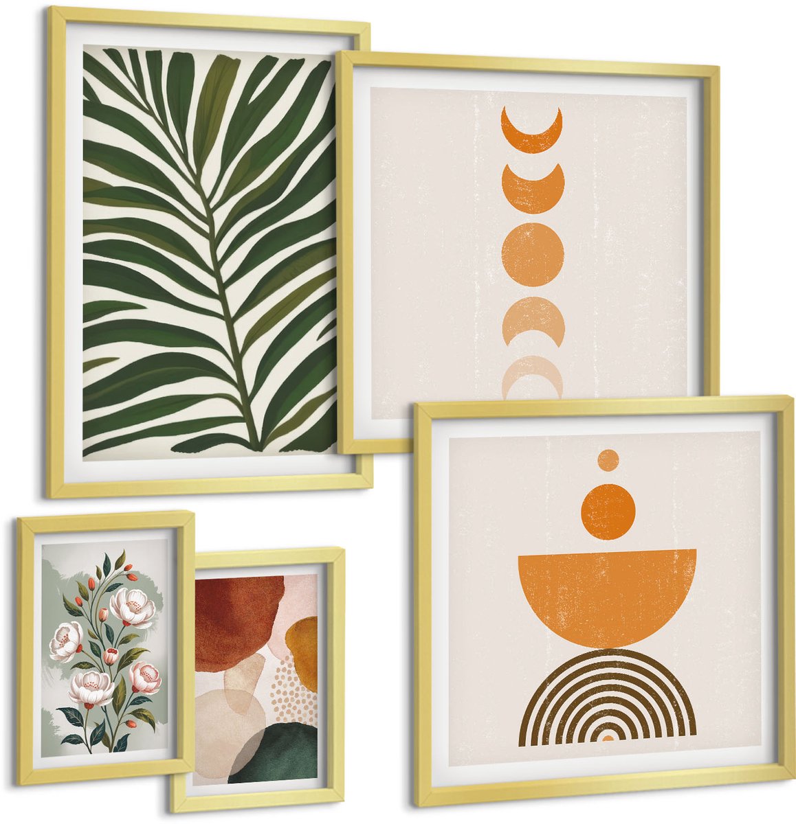 TULUP 5-Delige Schilderij Set - Bloemenpatronen en abstracte vormen in boho-stijl - 50 x 50 cm, 20 x 30 cm en 40 x 60 cm - Wanddecoratie - Muurdecoratie - Woonkamer - Interieur Decoratie Gouden lijst