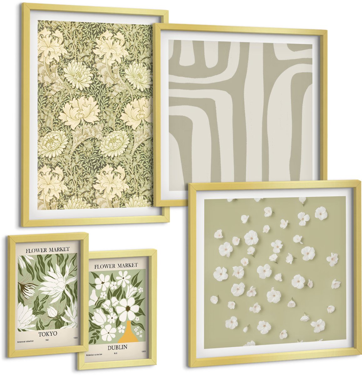 TULUP 5-Delige Schilderij Set - Plantenmotieven in boho-stijl met bloemenaccenten - 50 x 50 cm, 20 x 30 cm en 40 x 60 cm - Muurdecoratie - Wanddecoratie - Hal Gouden lijst