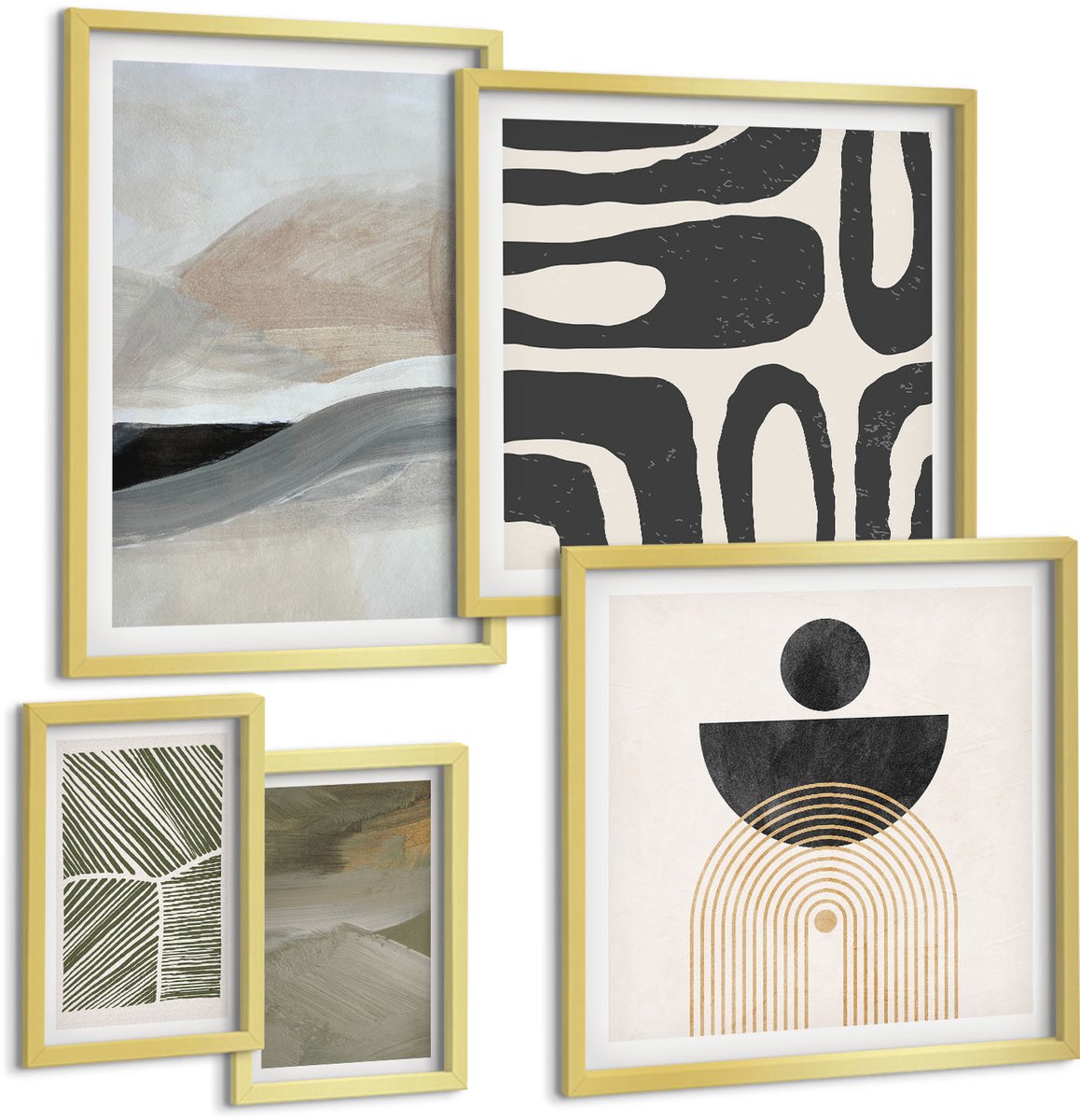 TULUP 5-Delige Schilderij Set - Abstracte patronen en vormen in ingetogen kleuren. - 50 x 50 cm, 20 x 30 cm en 40 x 60 cm - Stijlvolle Muurdecoratie - Slaapkamer - Wanddecoratie Gouden lijst