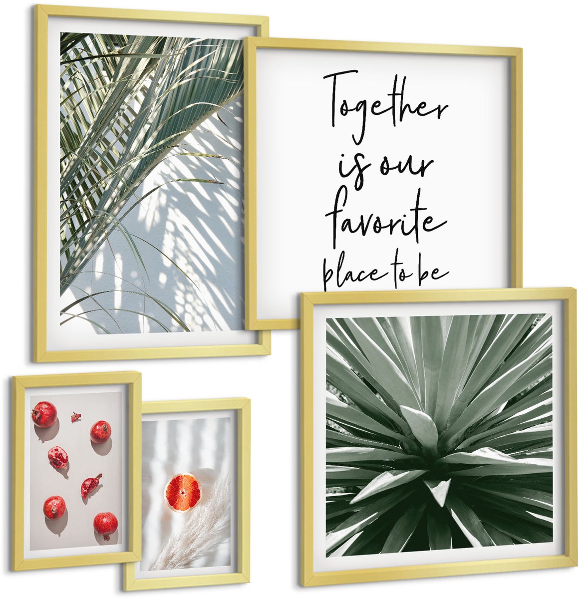 TULUP 5-Delige Schilderij Set - Boho-stijl met plantmotieven en tropisch fruit. - 50 x 50 cm, 20 x 30 cm en 40 x 60 cm - Decoratieve Schilderijen - Wanddecoratie - Hal - Moderne Wanddecoratie Gouden lijst