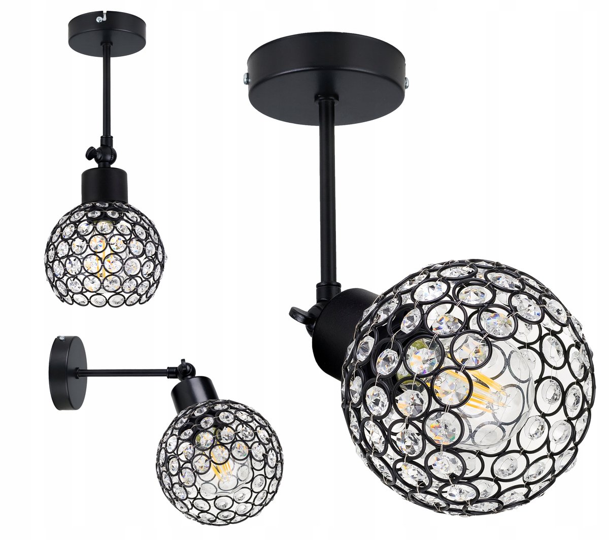 Industriële Wandlamp met Kristallen, Zwart Metaal, E27