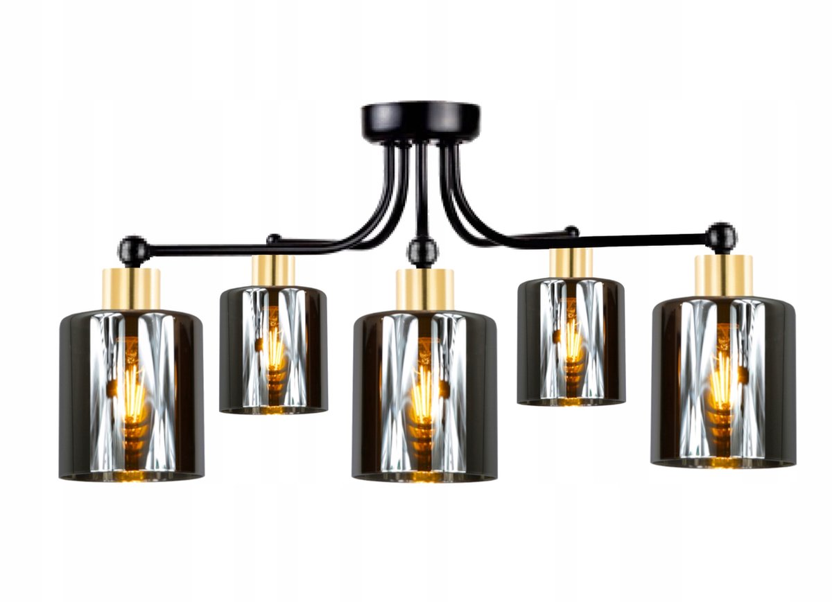 Hanglamp Goud Zwart glas E27 5x60W 65cm