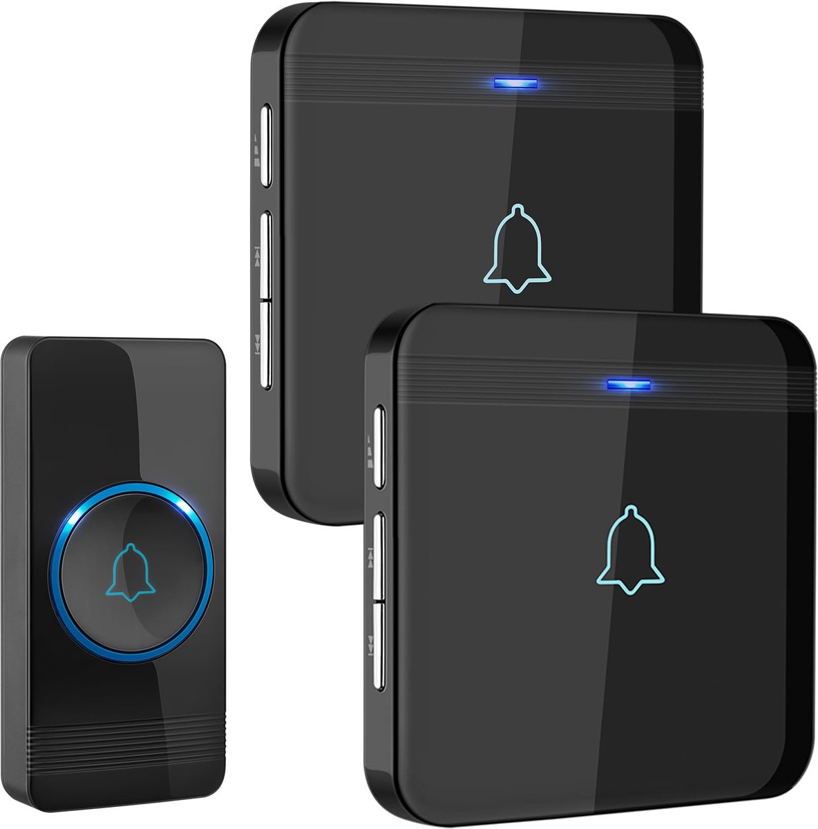 Famanu – Draadloze belsystem met 2 deurbellen en knop, IP54, 400 m bereik, zwart
