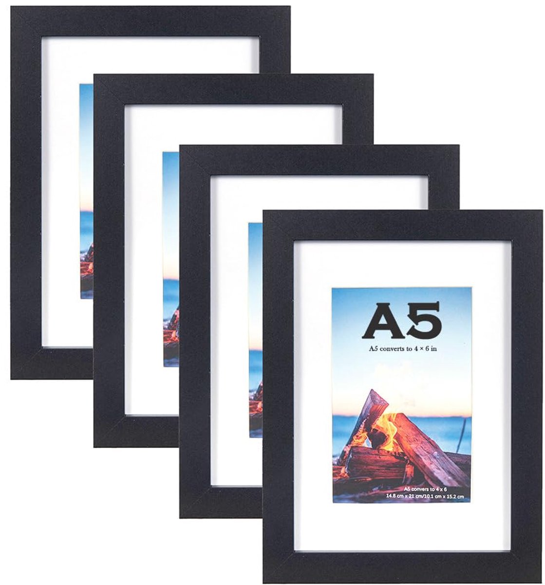 Famanu Zwarte fotolijsten A5/21x14,8 cm, set van 4, houten fotolijsten voor vrijstaand en wandmontage