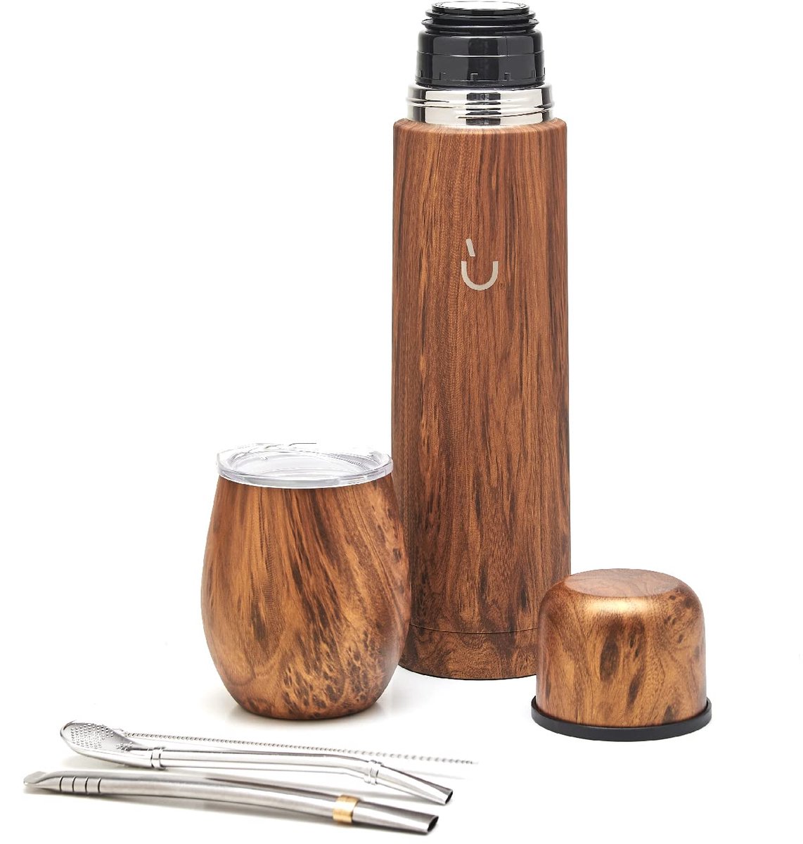 Famanu – Complete yerba mate set, moderne mate-kalebas, thermoskan, bombilla en reinigingsborstel inbegrepen, premium kwaliteit 304 18/8 roestvrij staal (hout