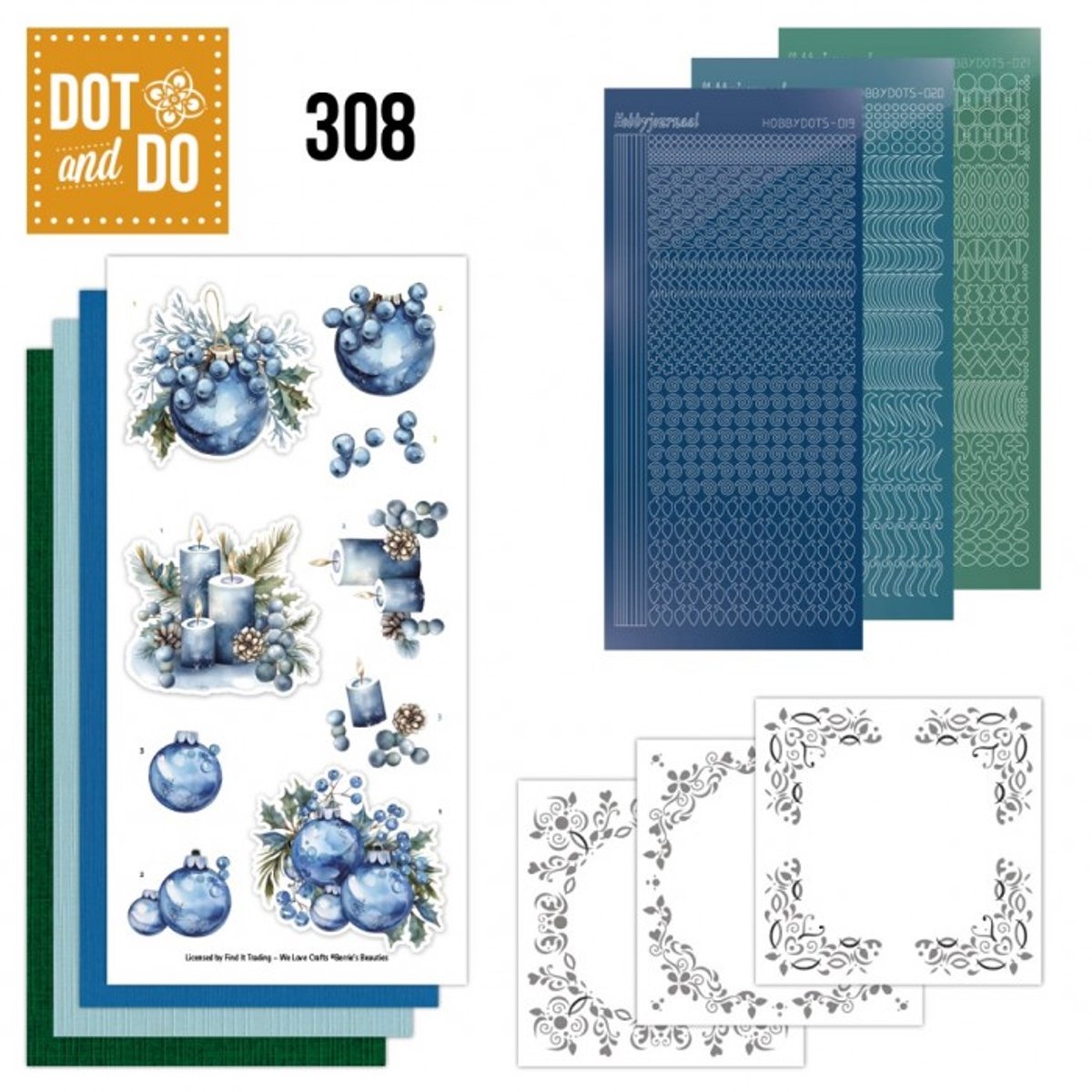 Dot and Do 308 - Blue Christmas - incl. 3x Hobbydots stickers - 3x kaartkarton - 3x Layered Cards - 3x 3D Afbeelding - Gratis verzonden - DODO308
