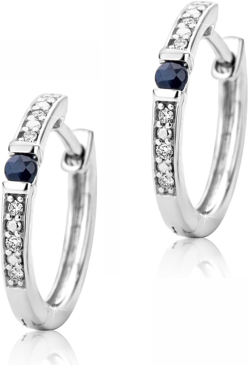 Orovi 0.05 Carat 375 White Gold Brilliant Cut Diamond 0.05 Carat and 0.03 Carat Blue Sapphire Hoop Earrings for Women - ShopVlot