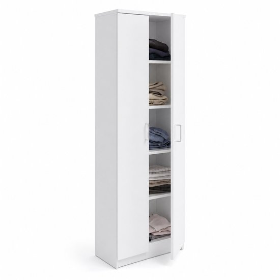 Armoire blanche avec 2 portes, dont une ouverte révélant 5 étagères remplies de vêtements.
