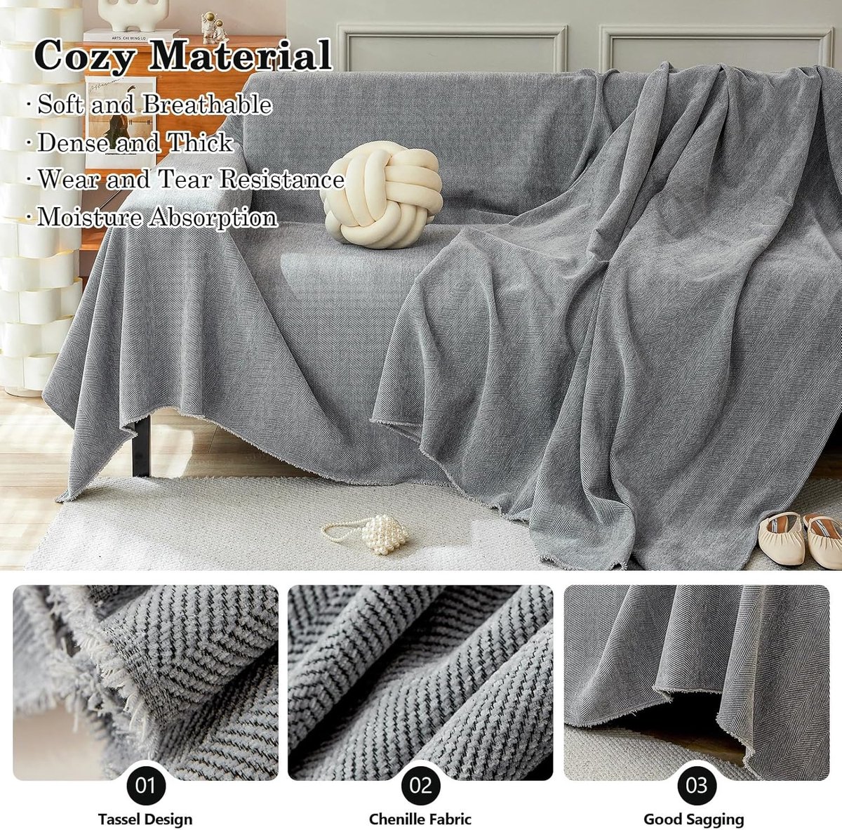 Sofa throw voor 1-4 personen - groot 180x340cm - donkergrijs chenille - zacht en ademend - ShopVlot