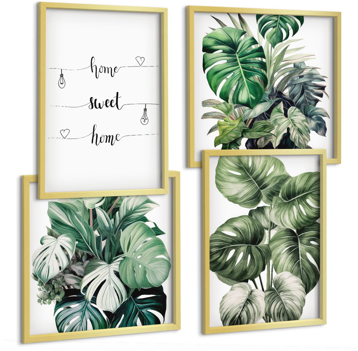 TULUP 4-Delige Schilderij Set - Aquarel Monstera verlaat het fijne thuis - 40 x 40 cm en 40 x 60 cm - Muurdecoratie - Wanddecoratie - Slaapkamer Gouden lijst