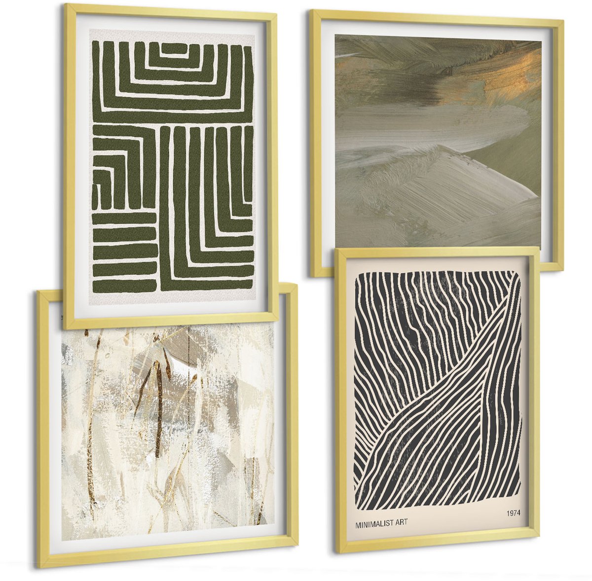 TULUP 4-Delige Schilderij Set - Patronen van lijnen en vormen in groene tinten - 40 x 40 cm en 40 x 60 cm - Schilderijen Set - Wanddecoratie - Woonkamer - Woonkamer Decoratie Gouden lijst