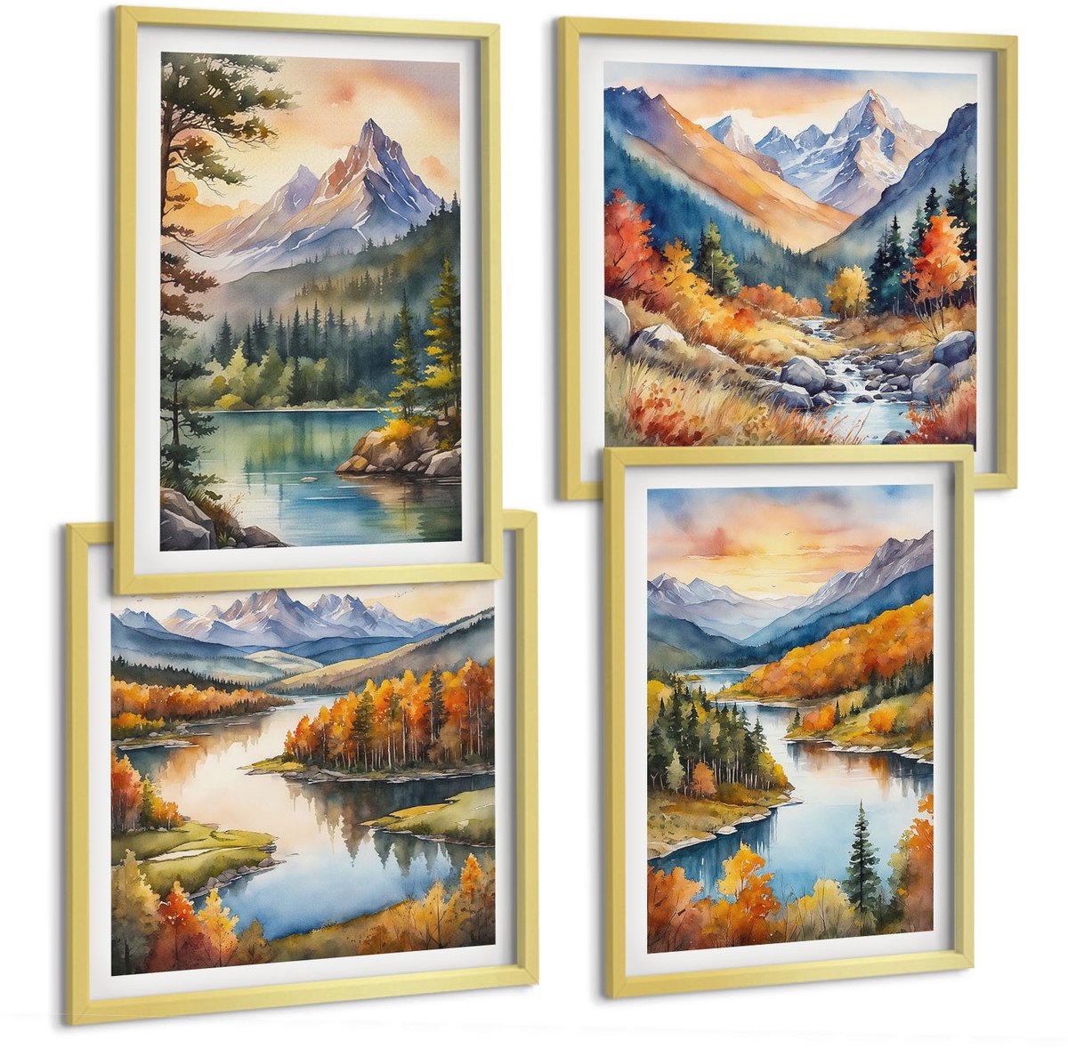TULUP 4-Delige Schilderij Set - Berglandschappen met een rivier en kleurrijke bomen - 40 x 40 cm en 40 x 60 cm - Stijlvolle Muurdecoratie - Slaapkamer - Woonkamer Decoratie Gouden lijst