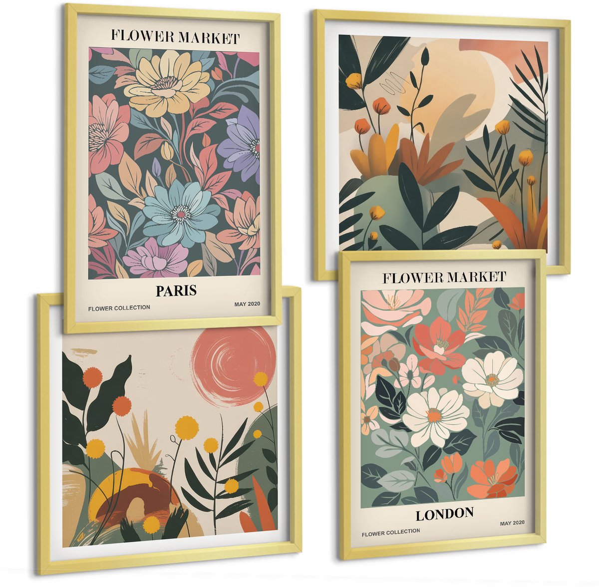 TULUP 4-Delige Schilderij Set - Bloemenposters Parijs Londen - 40 x 40 cm en 40 x 60 cm - Stijlvolle Muurdecoratie - Slaapkamer Gouden lijst