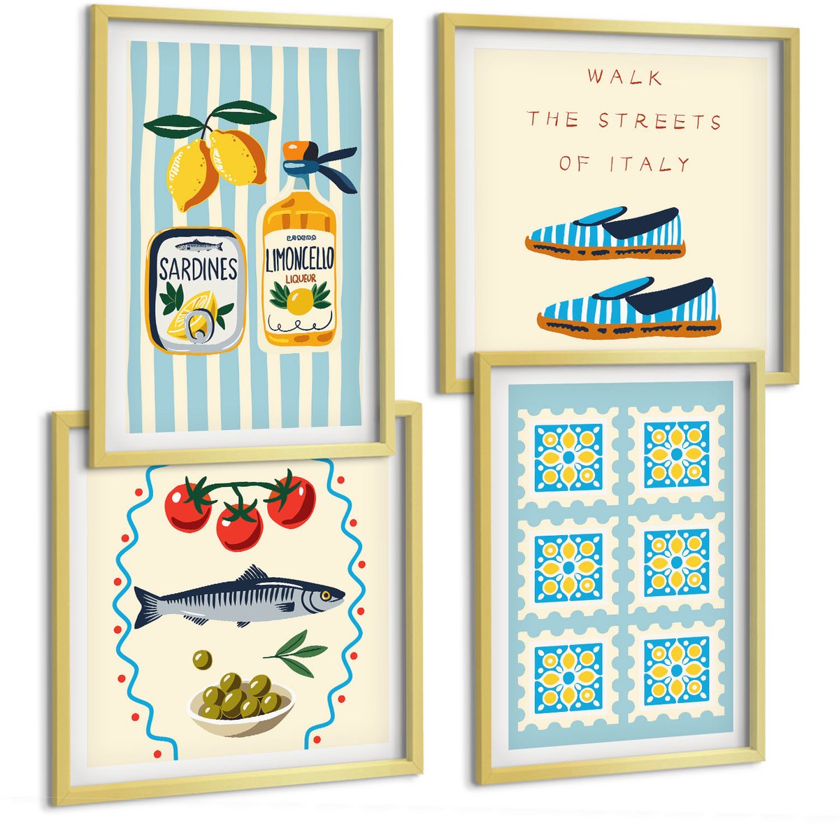 TULUP 4-Delige Schilderij Set - Fruitpatronen en elementen van de Italiaanse cultuur - 40 x 40 cm en 40 x 60 cm - Moderne Wanddecoratie - Woonkamer - Interieur Decoratie Gouden lijst
