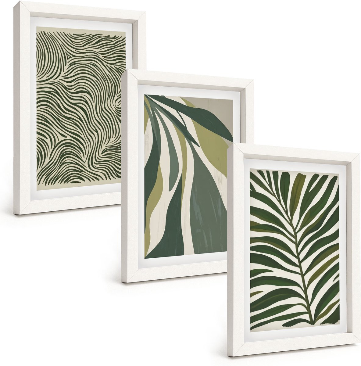 Tulup 3-Delige Schilderij Set - Bladpatronen en golvende lijnen in groene tinten - 20x30 - Muurdecoratie - Wanddecoratie - Slaapkamer - Interieur Decoratie