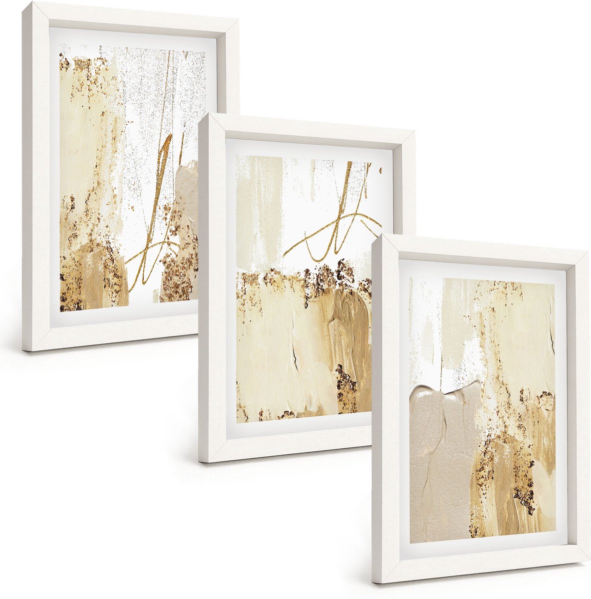 Tulup 3-Delige Schilderij Set - Abstracte patronen in beige en witte tinten. - 20x30 - Muurdecoratie - Decoratieve Schilderijen - Wohnzimmer
