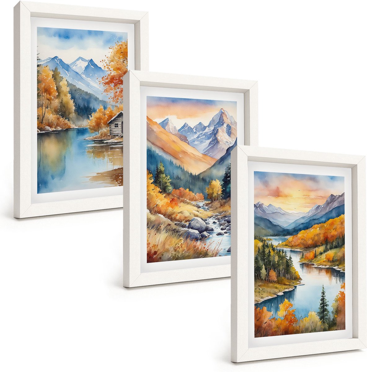 Tulup 3-Delige Schilderij Set - Berglandschap met een rivier en herfstbomen - 20x30 - Moderne Wanddecoratie - Woonkamer - Woonkamer Decoratie
