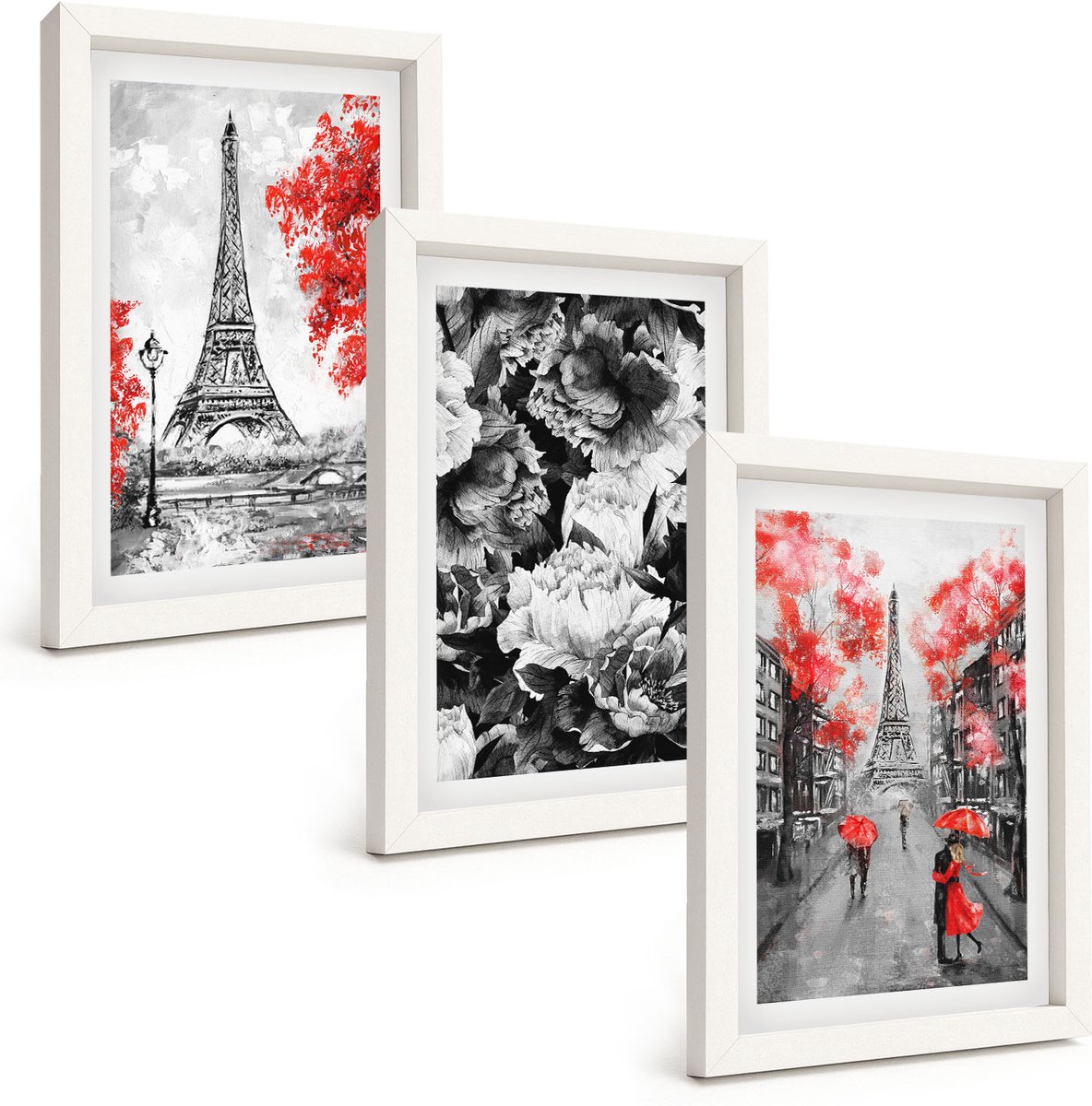 Tulup 3-Delige Schilderij Set - Eiffeltoren in grijs met rode accenten - 20x30 - Muurdecoratie - Interieur Decoratie - Decoratieve Schilderijen