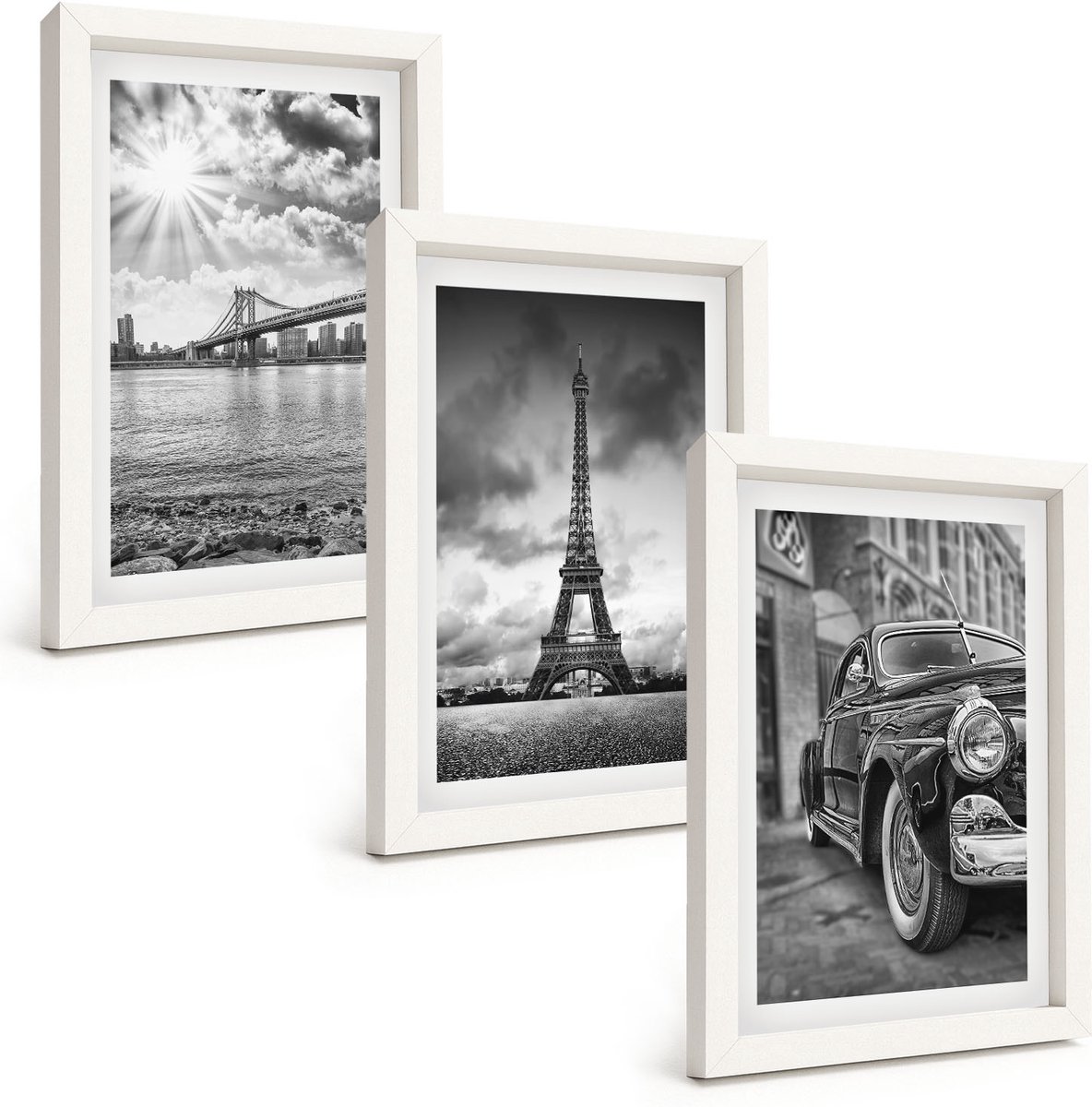 Tulup 3-Delige Schilderij Set - Stadsgezichten Bruggen Eiffeltoren Klassieke auto - 20x30 - Decoratieve Schilderijen - Wanddecoratie - Hal