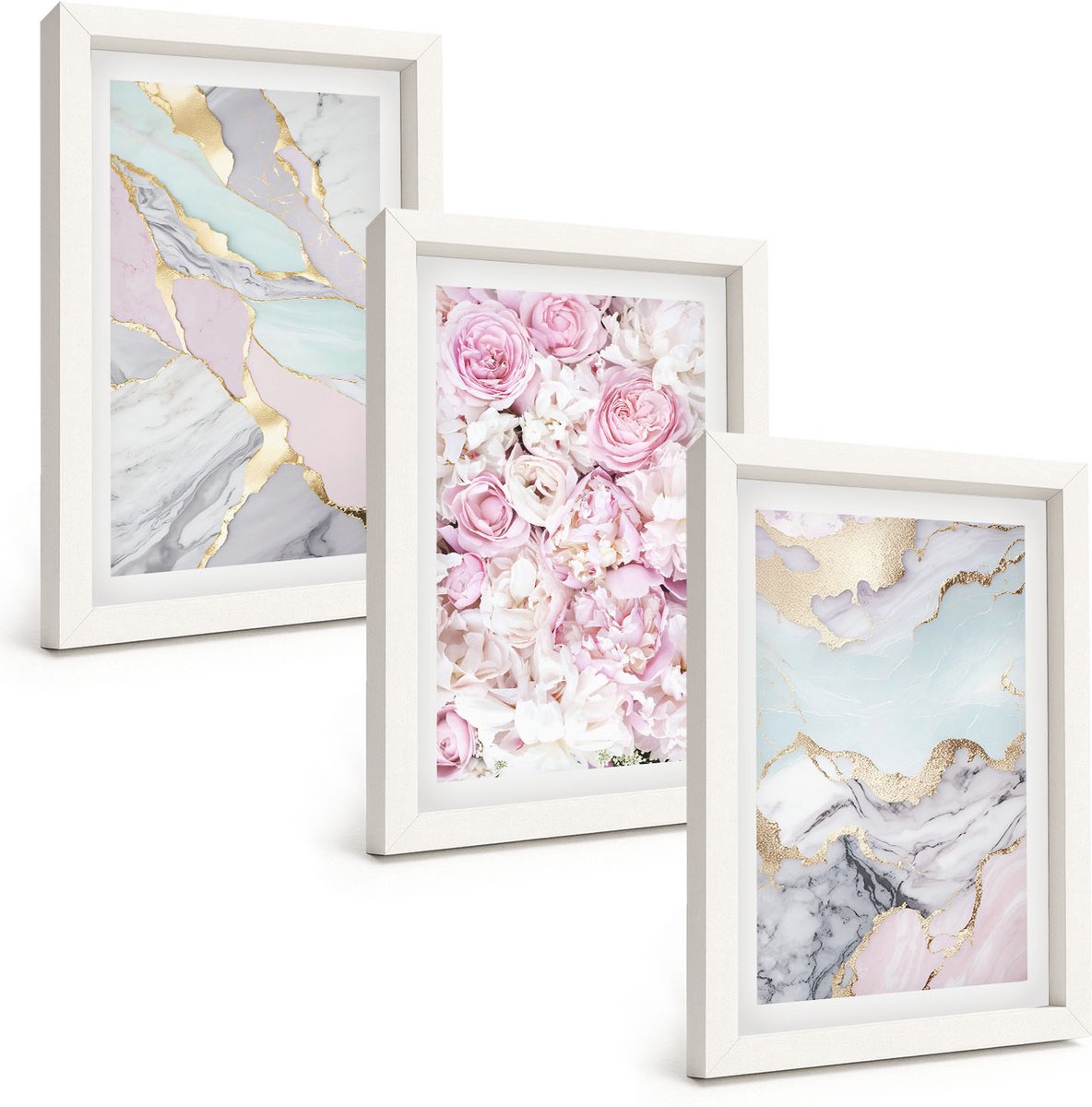 Tulup 3-Delige Schilderij Set - Roze bloemen met marmer- en pastelpatronen - 20x30 - Muurdecoratie - Schilderijen Set - Woonkamer - Woonkamer Decoratie