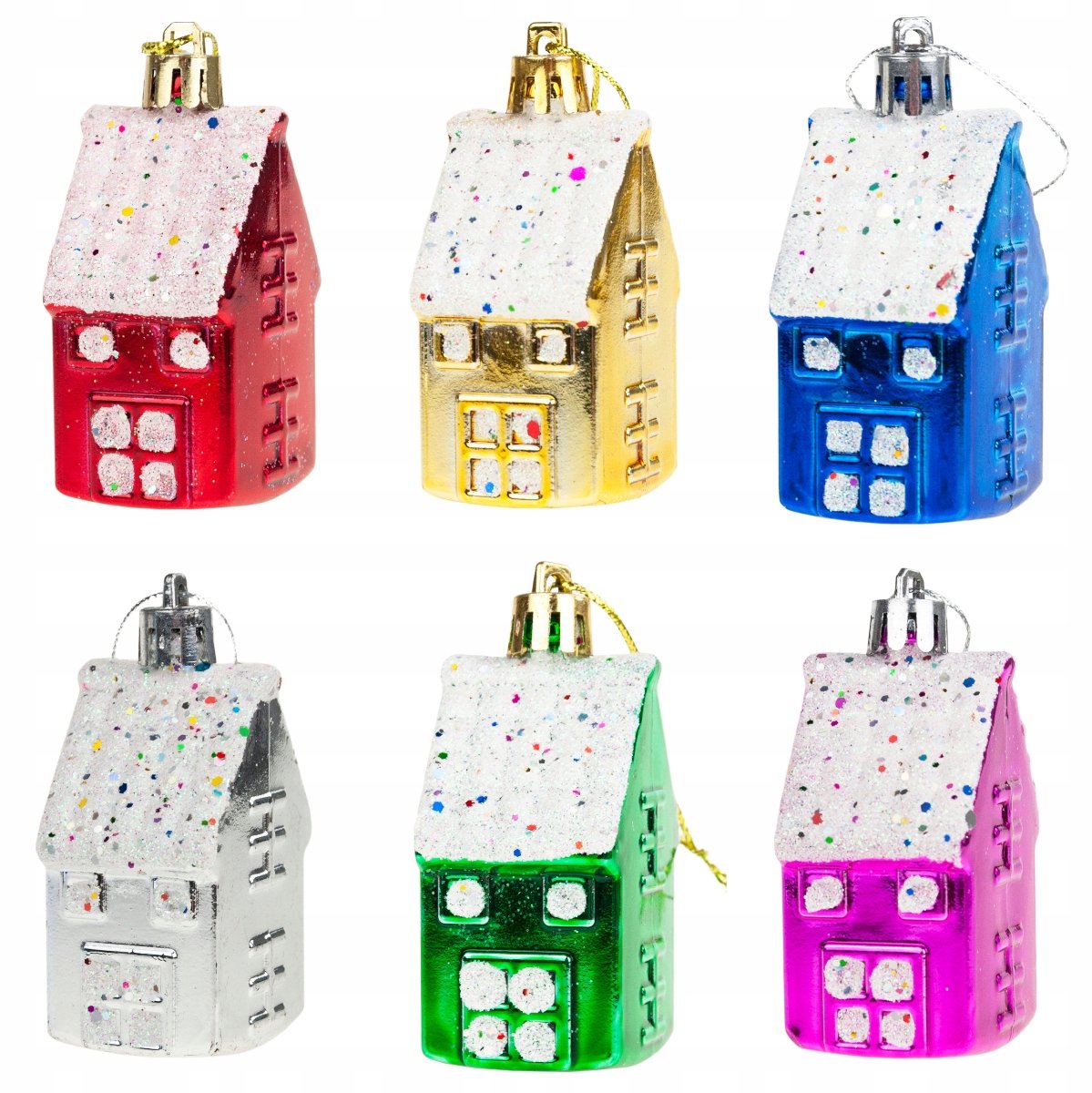 Kerstballen Huisjes Set van 6 - Sneeuw & Glitter Decoratie
