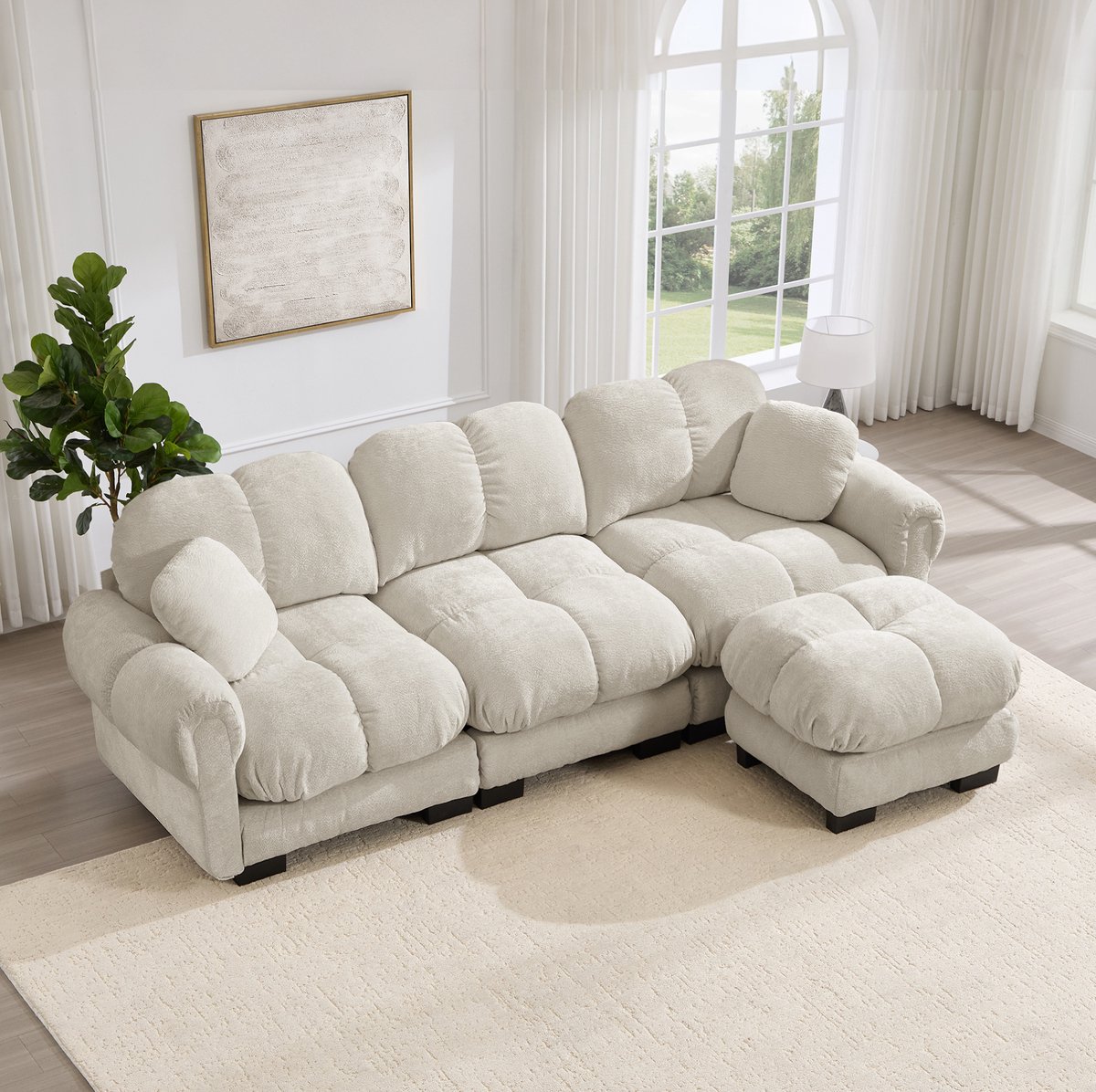 MODENUIT Hoekbank 260 x 149 x 90 cm - 3-Zits Met Mobiele Ottomane En 2 Kussens - Chenille - Licht Khaki