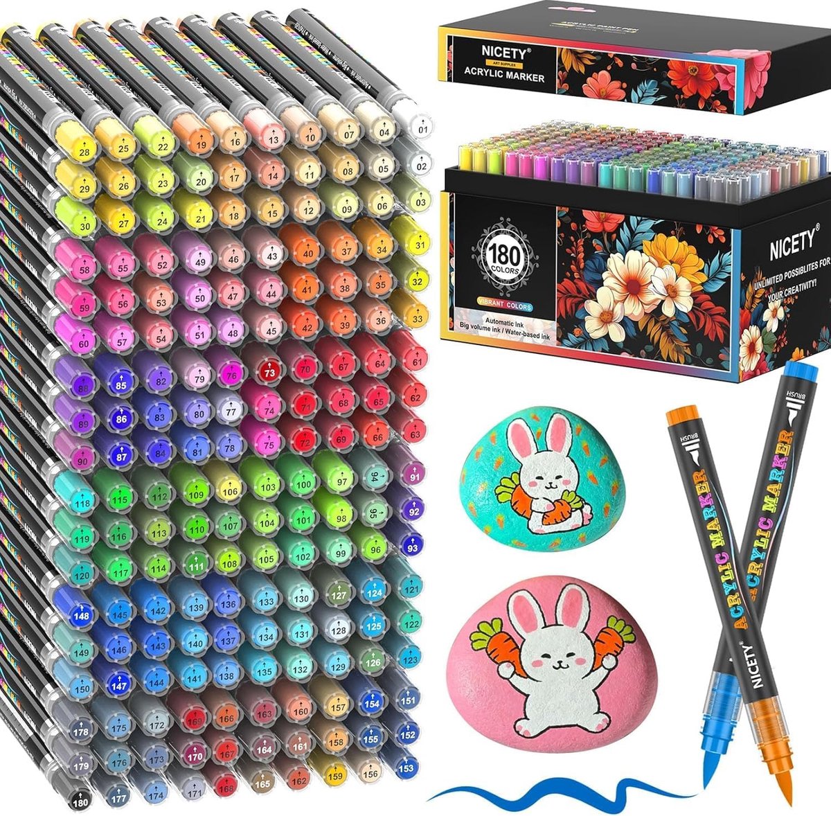 Acrylstiften 180 Kleuren met Penseelpunt - Waterbasis - Niet-toxisch - Perfect voor Creatief Schilderen