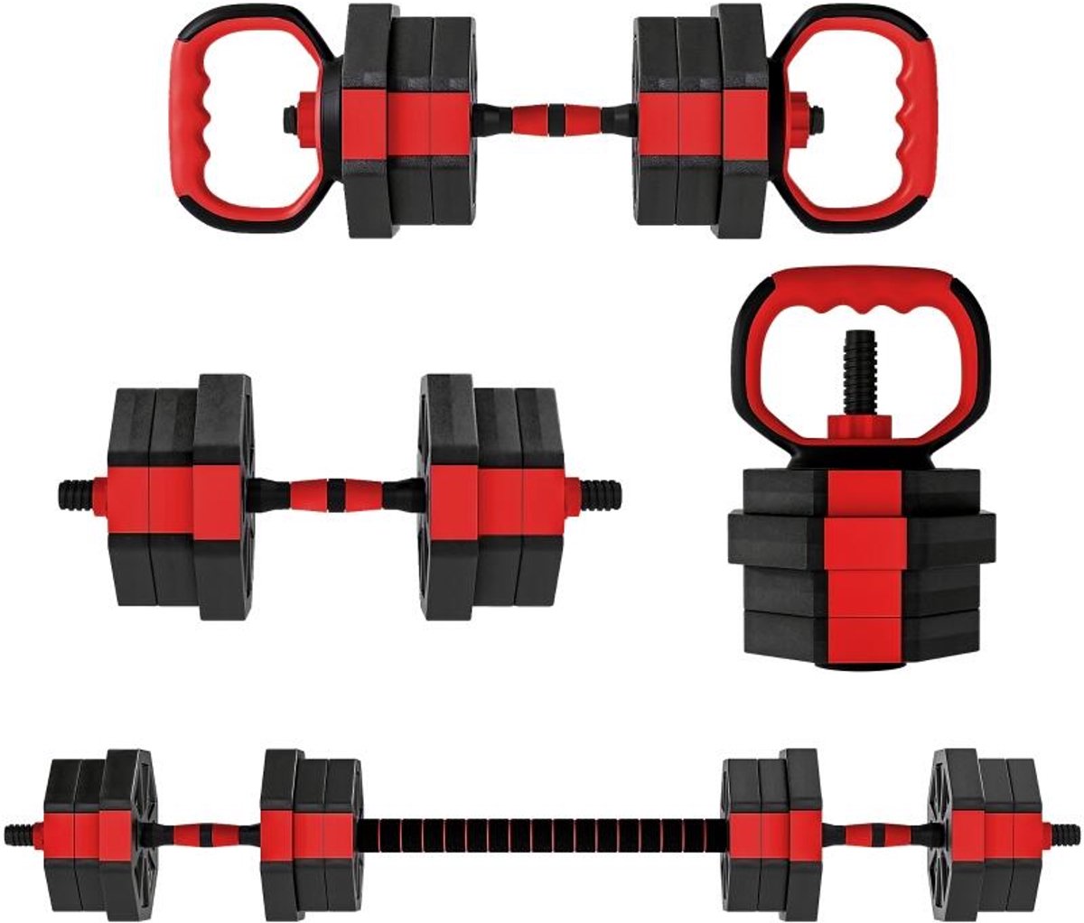 20kg Hantelset 6-in-1 Rood Verstelbaar als Halter Barbell Kettlebell Push-up Handvatten Veilige Sluitingen voor Thuisfitness