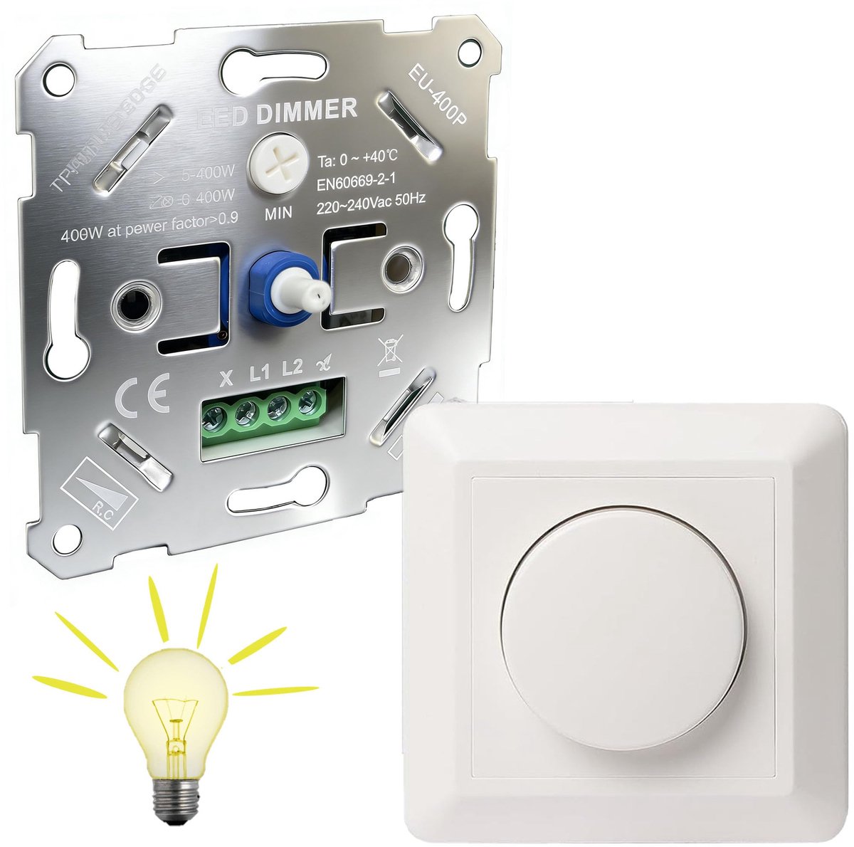 Dimmer voor ledlampen 5-400 W - inbouwdimmer met witte afdekplaat - geschikt voor dimbare leds/halogeen - ShopVlot
